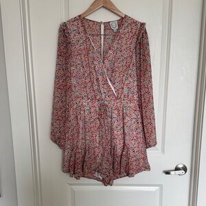 Blue Rain Floral Romper in Cream with Red & Pink Print